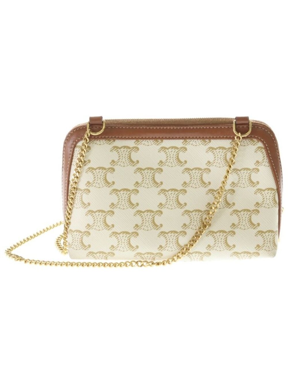 Celine Trio Canvas Chain Clutch Mini Shoulder Bag Ivory Brown Leather Gold - Picture 2 of 6